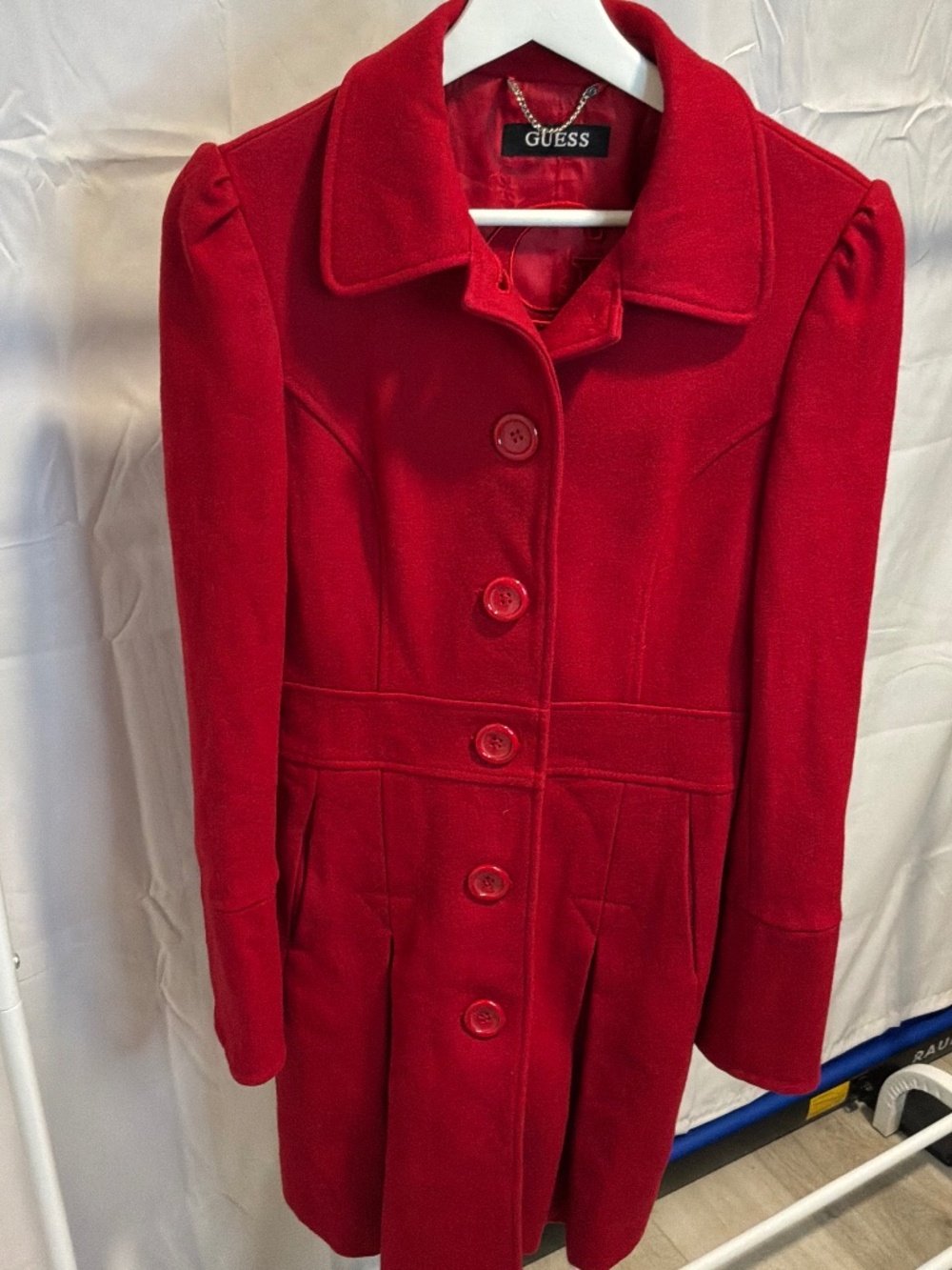 GUESS Mid-Length Red Wool-Blend Single-Breasted Trench Coat - Size M